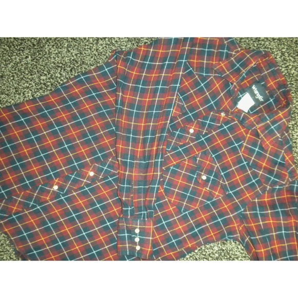 Wrangler Other - Wrangler Shirt Mens L Red Blue Plaid Pearl Snap Flannel Yoke Raw Hem Western